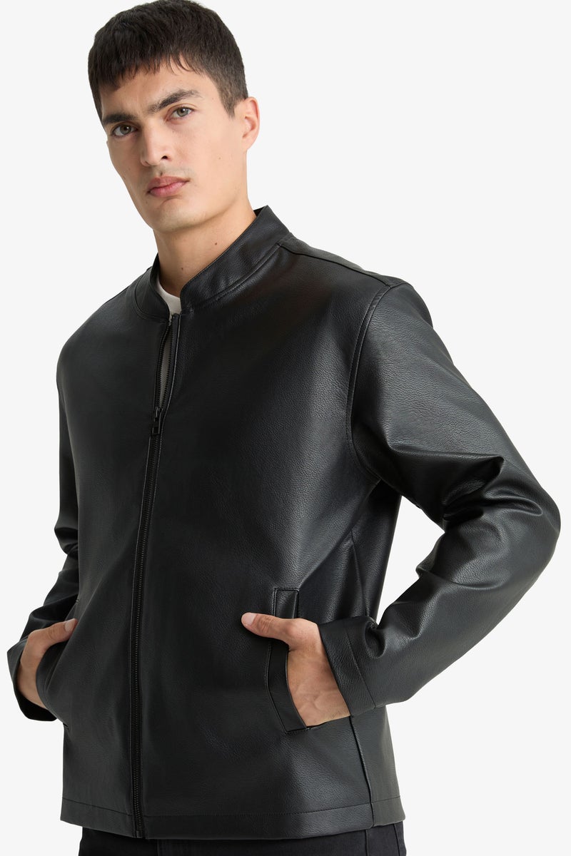 DeFacto Black Man Waterproof Slim Fit Stand Collar Faux Leather Jacket Casual - Image 3